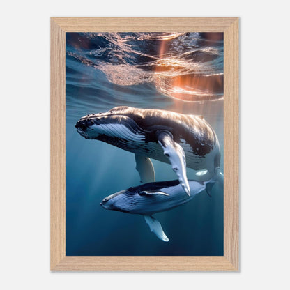 Framed print of a humpback whale and calf swimming underwater, capturing ocean beauty and grace.