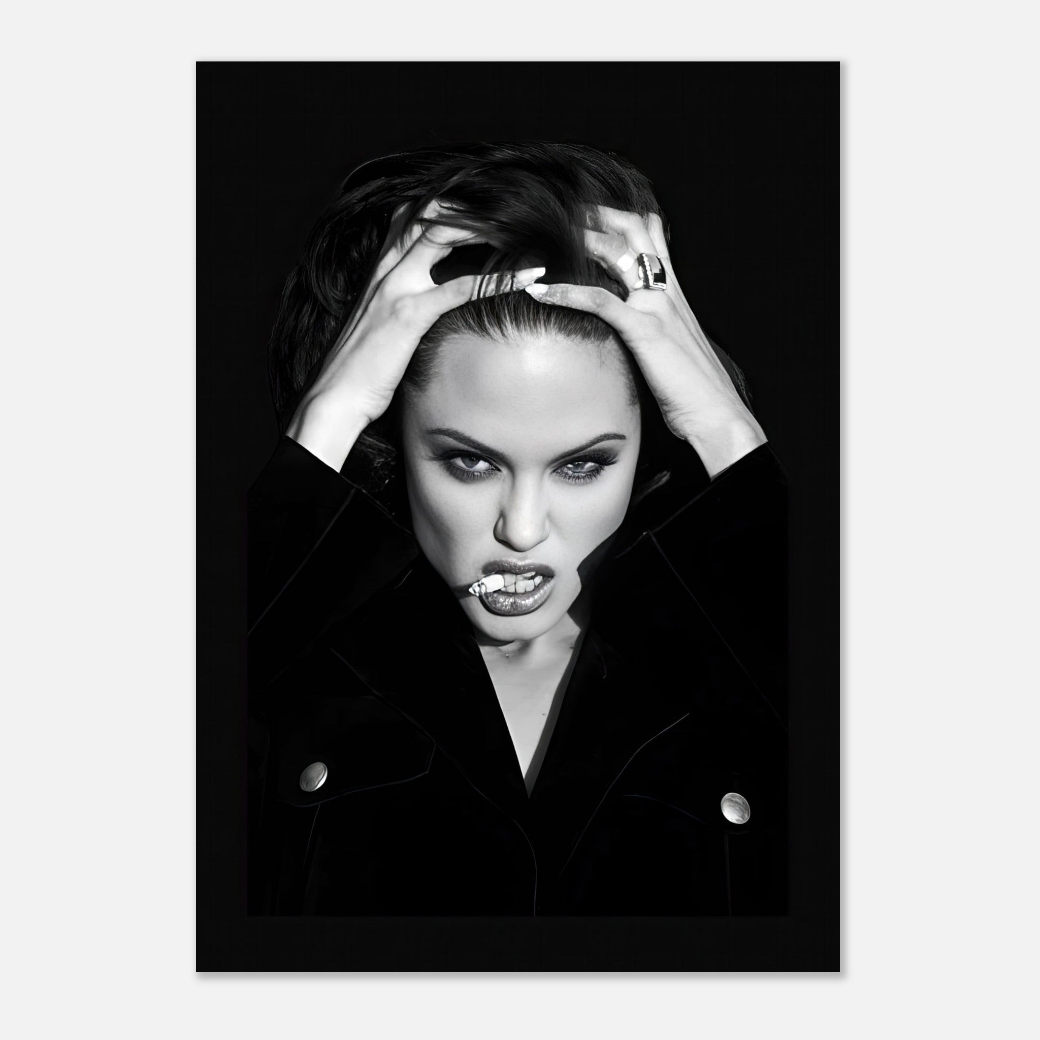 Angelina Jolie smoking poster featuring striking black-and-white artwork showcasing confidence and sophistication.