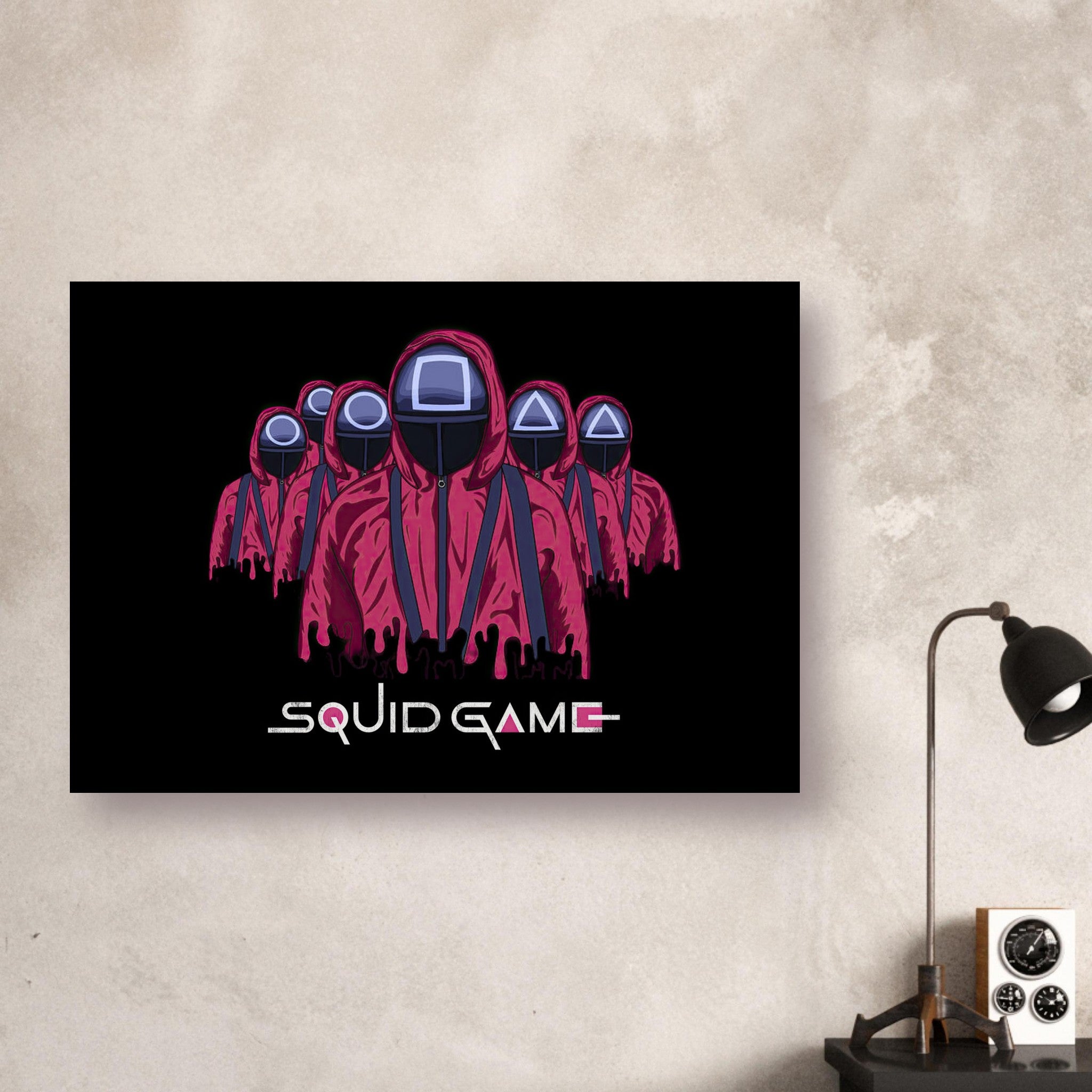 Squid Game Soldiers poster featuring masked figures in red uniforms against a dark background, ideal for fans.