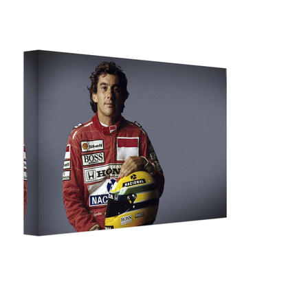 Ayrton Senna canvas print featuring the iconic racing legend holding his helmet, vibrant and modern wall decor.