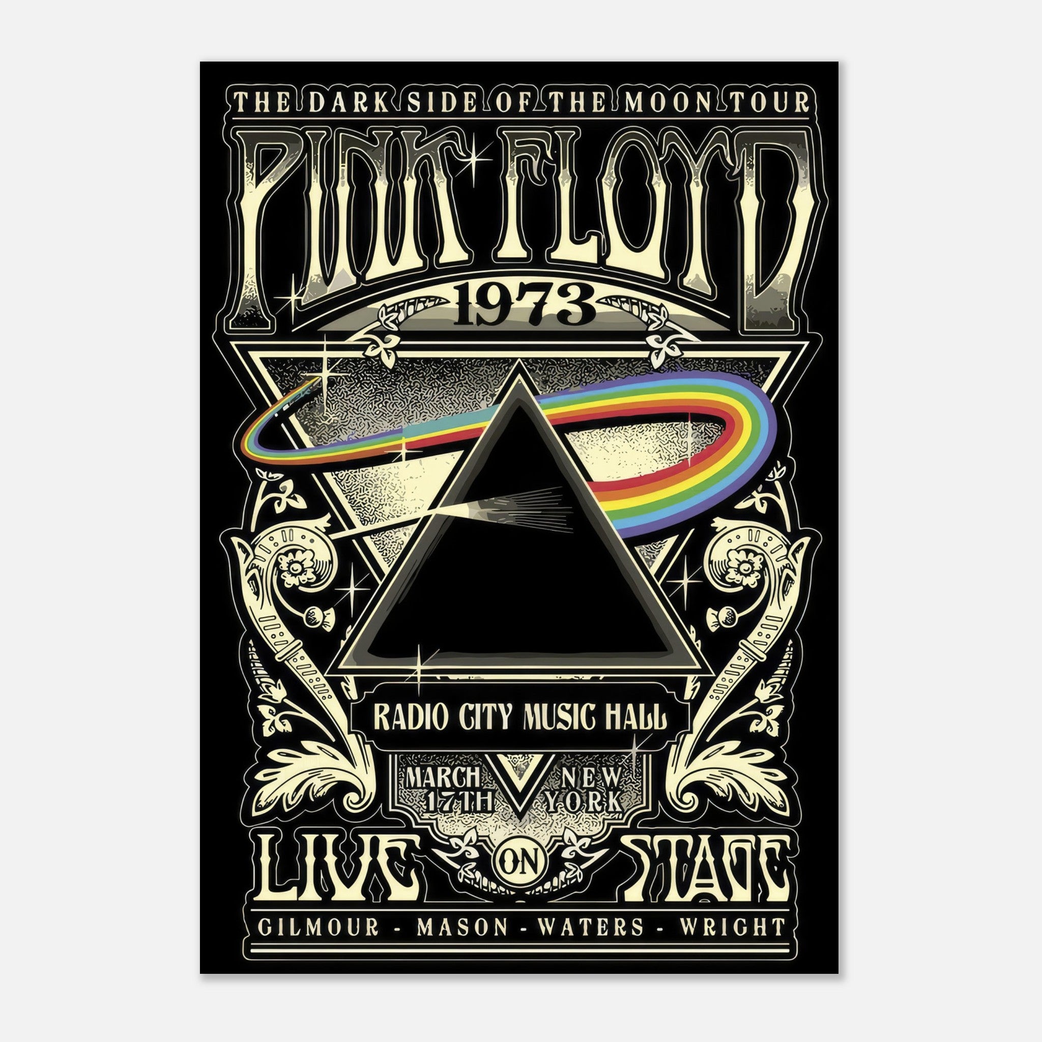 Pink Floyd "The Dark Side of the Moon" 1973 concert poster featuring iconic prism design and vibrant rainbow beam.