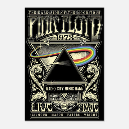 Pink Floyd "The Dark Side of the Moon" 1973 concert poster featuring iconic prism design and vibrant rainbow beam.