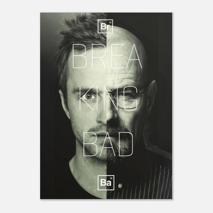 Jesse Pinkman and Walter White split-face poster, showcasing the essence of Breaking Bad in monochrome design.