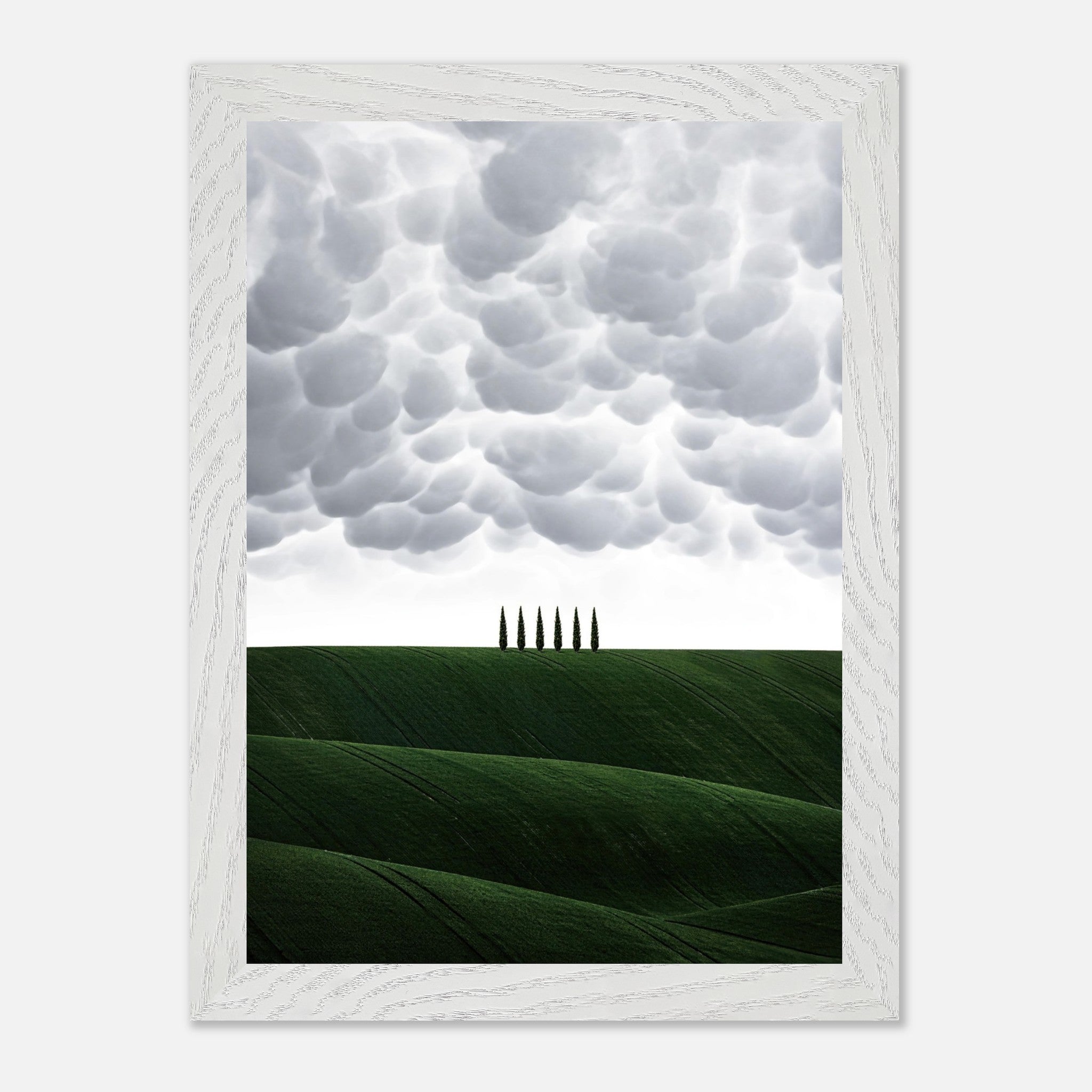 Toscana vintage framed art depicting rolling green hills and cypress trees under a dramatic sky.