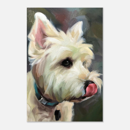 Westie dog painting metal print showcasing a fluffy West Highland White Terrier with expressive eyes and a playful tongue.