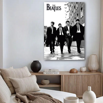 The Beatles cover poster displaying the iconic band walking in suits, perfect for music lovers and nostalgic decor.