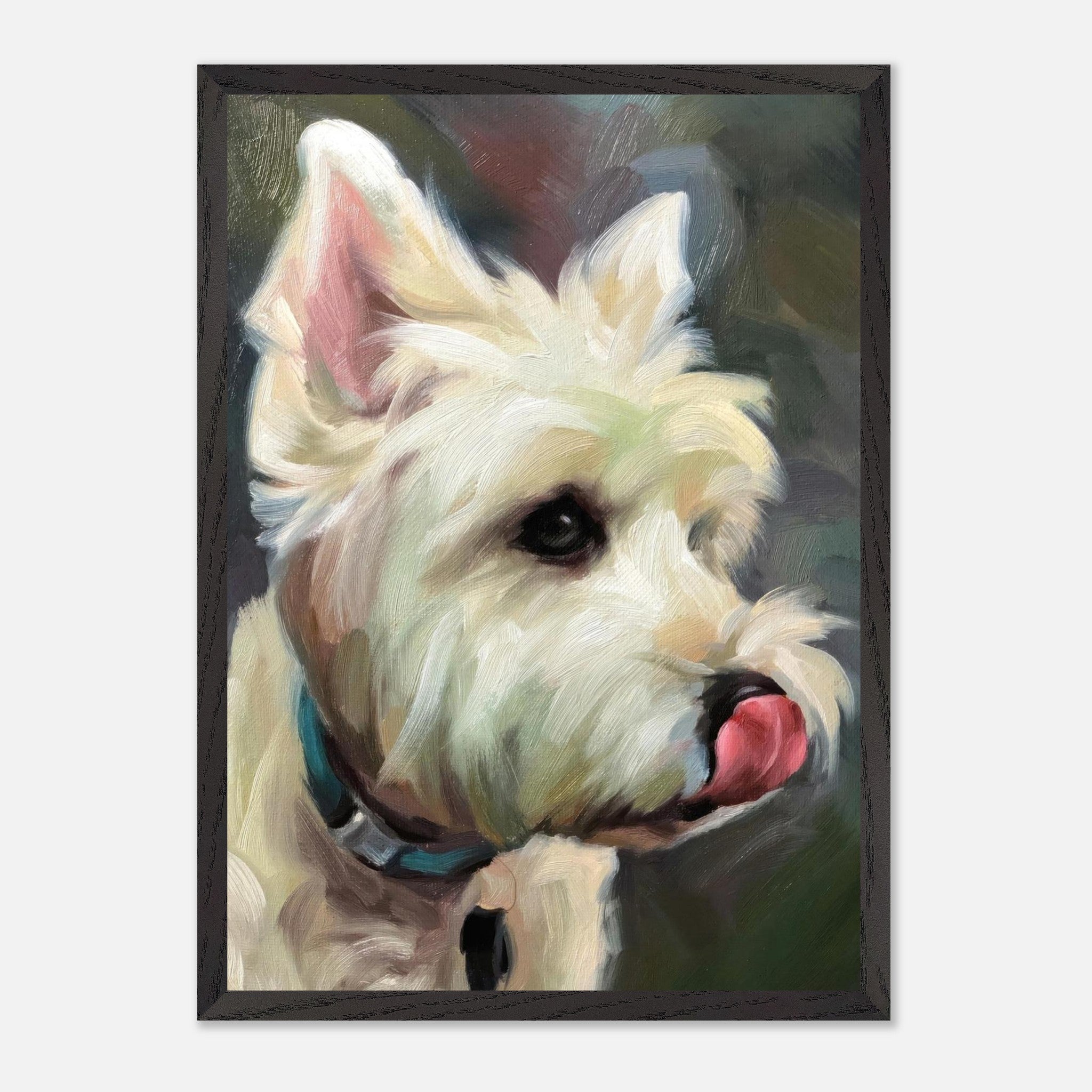 Westie dog painting showcasing fluffy white fur and playful expression, perfect for fine art lovers.