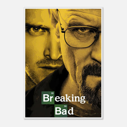 Breaking Bad official framed poster featuring iconic characters Walter White and Jesse Pinkman in dramatic colors.