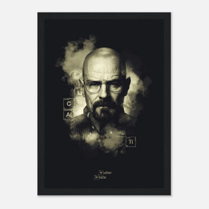 Walter White Heisenberg framed poster featuring a black-and-white portrait with smoky background and periodic table elements.