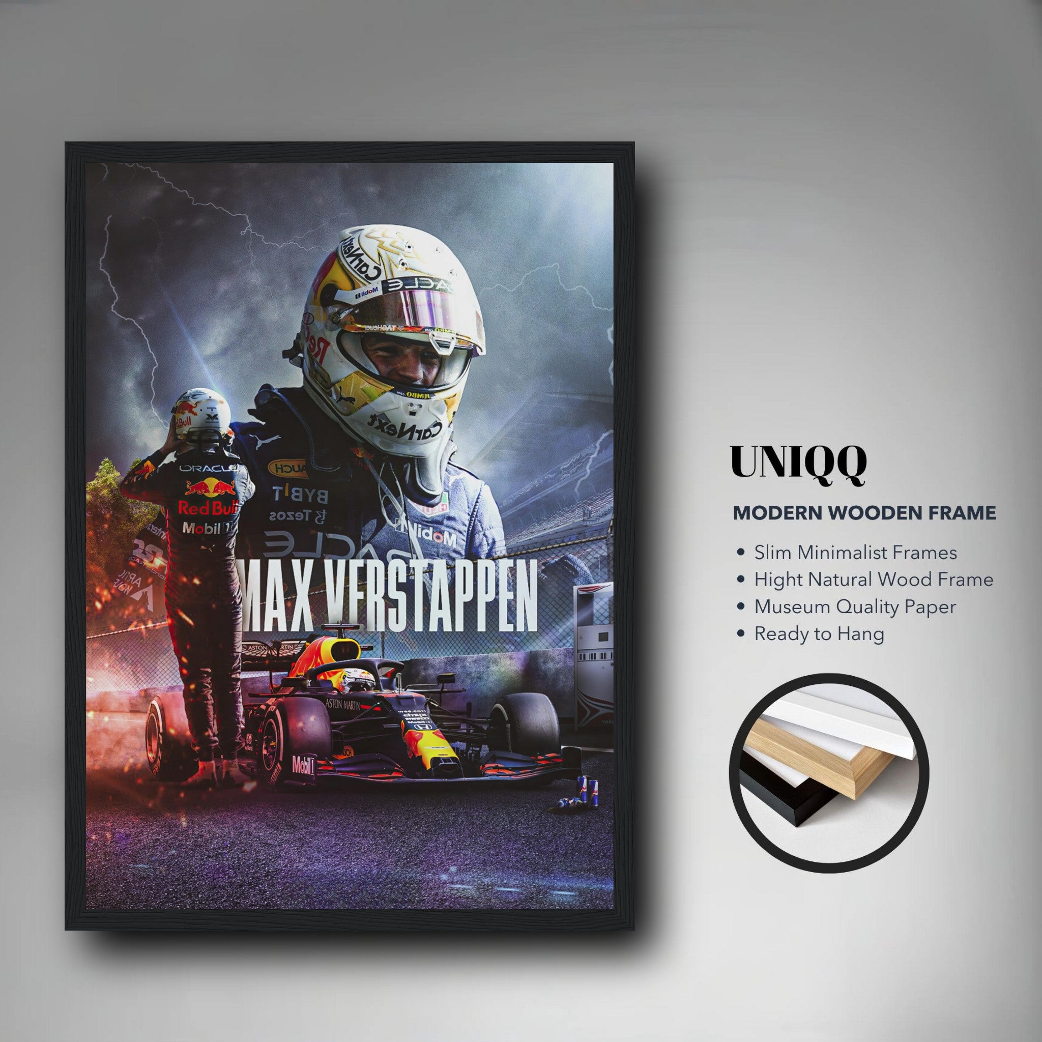 Max Verstappen Red Bull Racing framed print featuring dynamic artwork and a modern wooden frame, ready to hang.