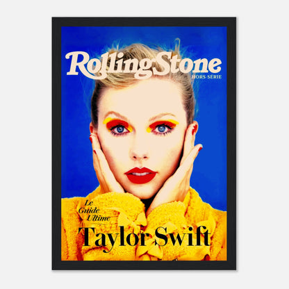 Taylor Swift framed print of Rolling Stone magazine cover with vibrant colors and striking portrait. Perfect for fans and collectors.