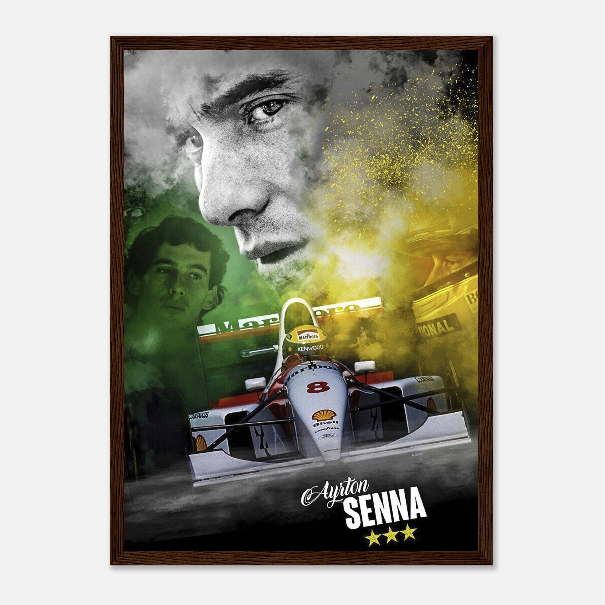 Ayrton Senna framed print featuring iconic F1 artwork of the legendary driver and his McLaren car with vibrant colors.