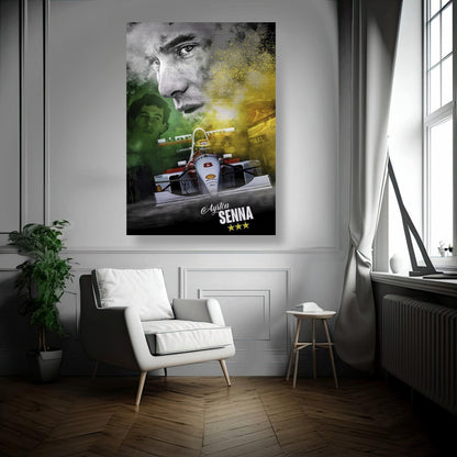 Brushed metal print of Ayrton Senna in a modern living space, showcasing his legacy in Formula 1 racing.