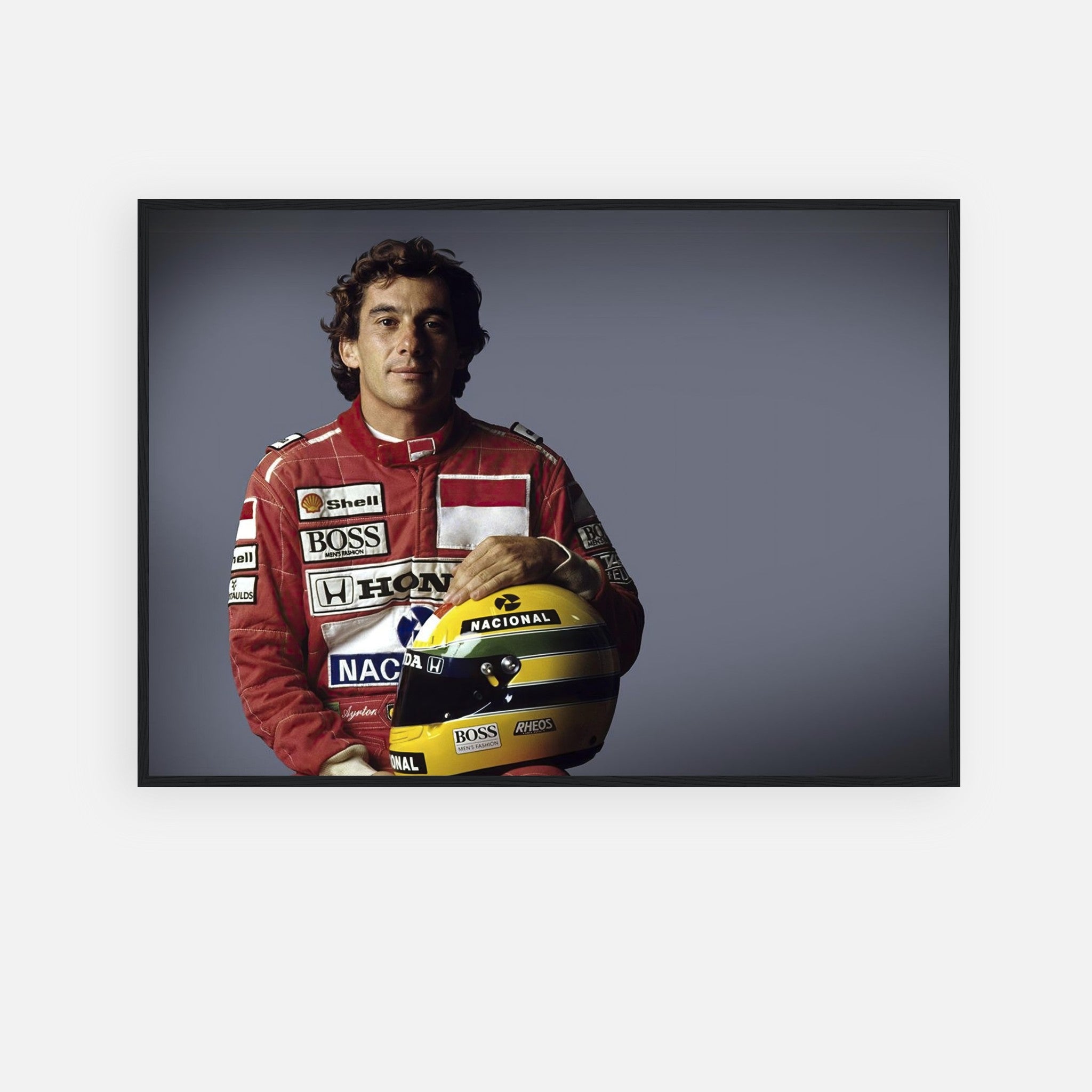 Ayrton Senna framed print featuring the iconic racer holding his helmet, perfect for motorsport enthusiasts' decor.