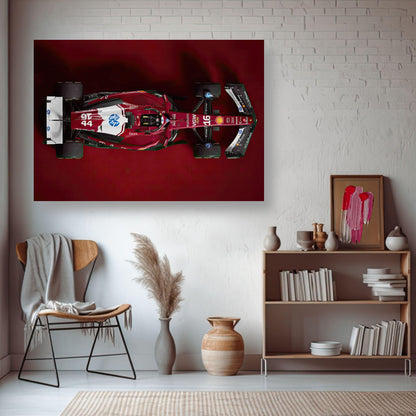 Ferrari F1 2025 metal print showcasing top-down view of Formula 1 car in a stylish interior setting.