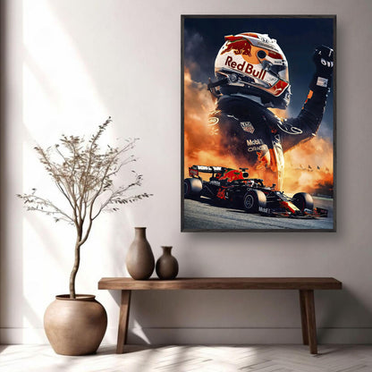 Max Verstappen Red Bull fine art print showcasing an F1 moment with vibrant colors, framed and ready to enhance decor.