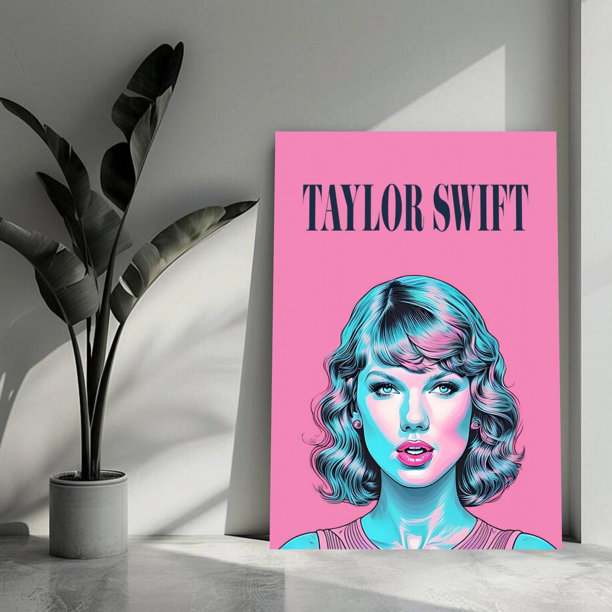 Vibrant Taylor Swift pop art metal print in pink and teal hues, enhancing modern decor with dynamic artistry.