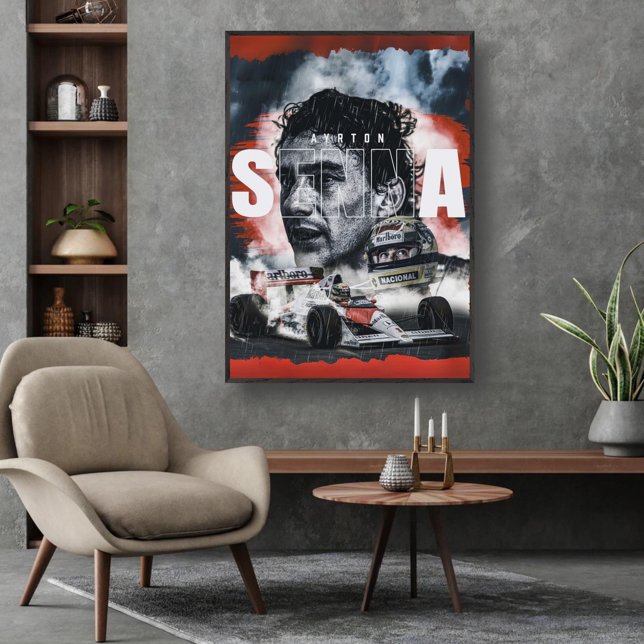 Ayrton Senna framed fine art print on a wall, showcasing vibrant colors and sharp details in a stylish interior setting.