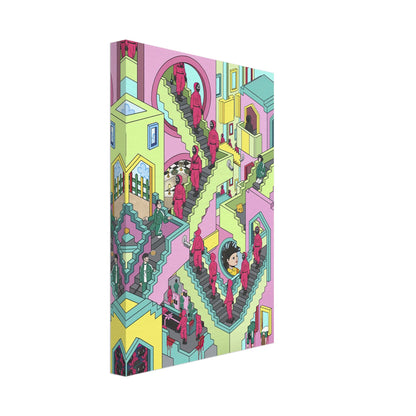 Squid Game Stairs canvas artwork featuring vibrant colors and intricate details of surreal staircase scene.