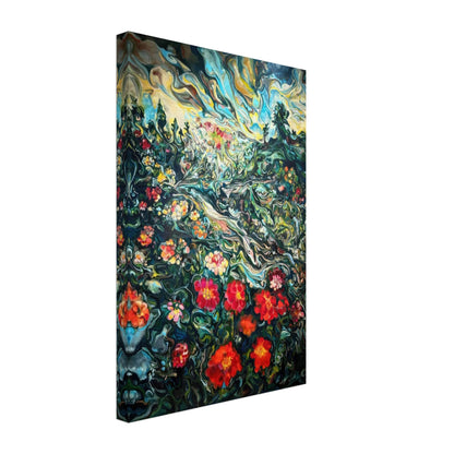 Abstract floral landscape painting canvas print with bold colors and swirling brushstrokes, capturing a dreamy floral field.