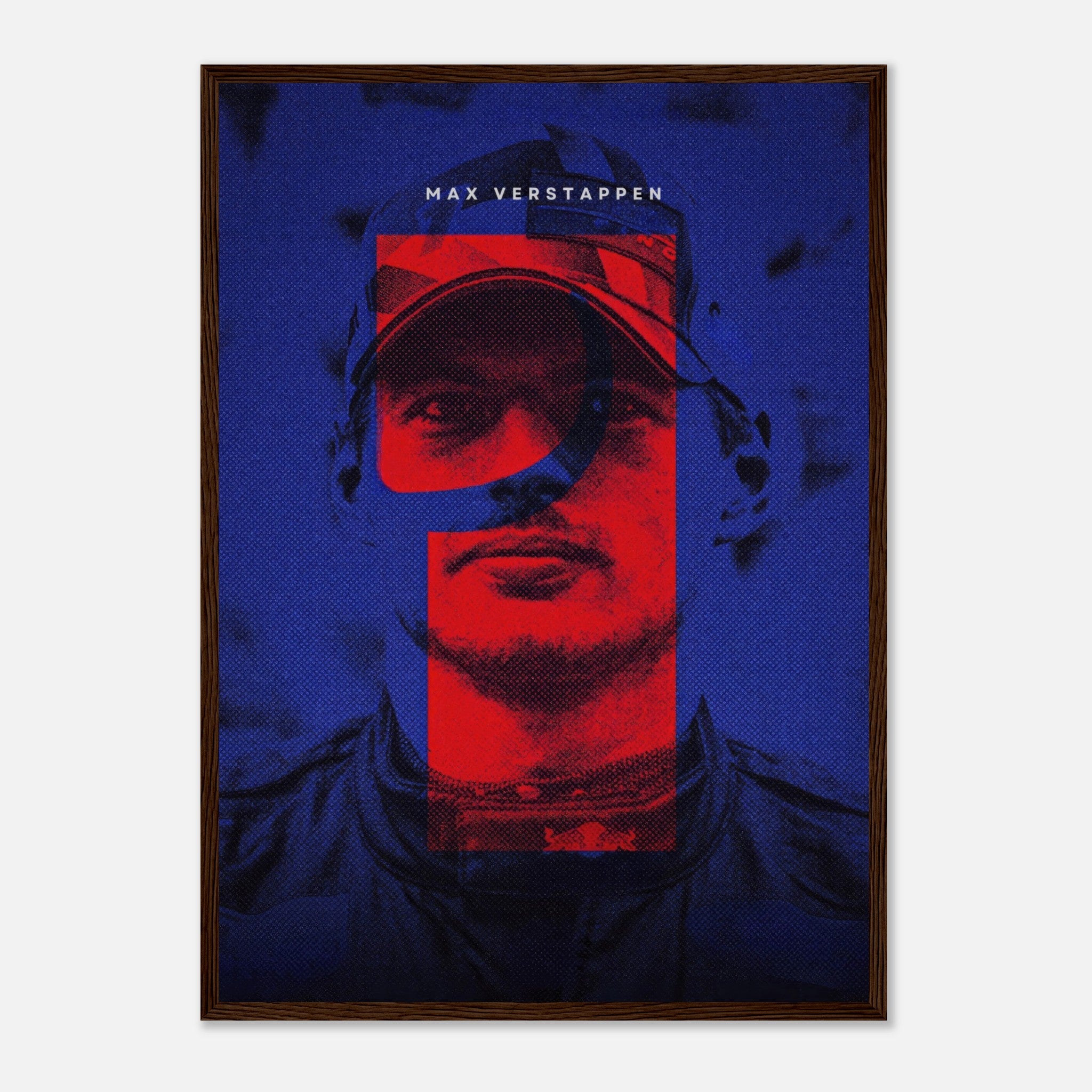 Max Verstappen framed print featuring bold colors and dynamic design, perfect for Formula 1 fans and wall art.