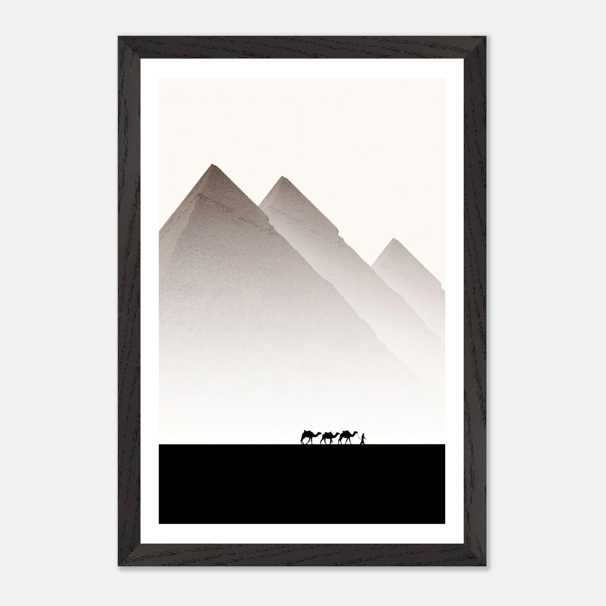 Framed Giclée art of the Pyramids of Giza with silhouetted camels against a minimalist background.