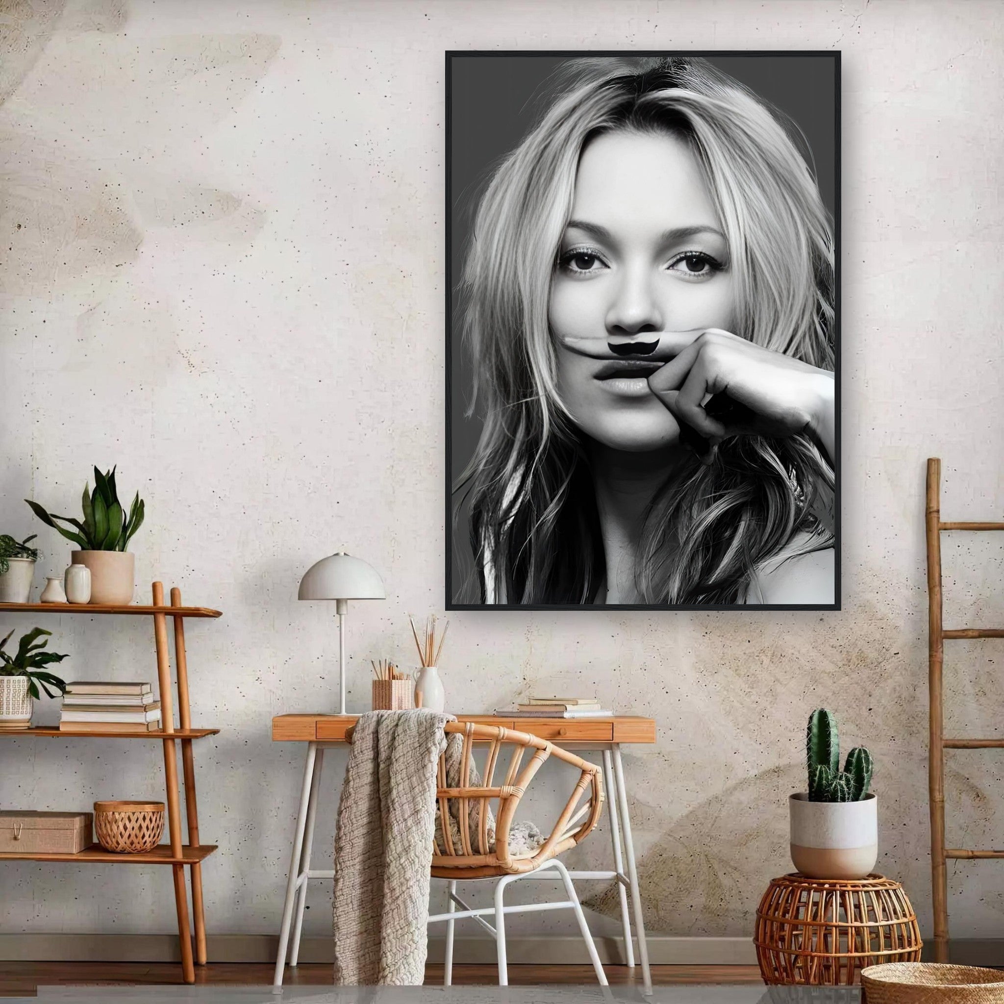 Framed print of a stylish woman with a mustache, adding playful elegance to a contemporary living space.