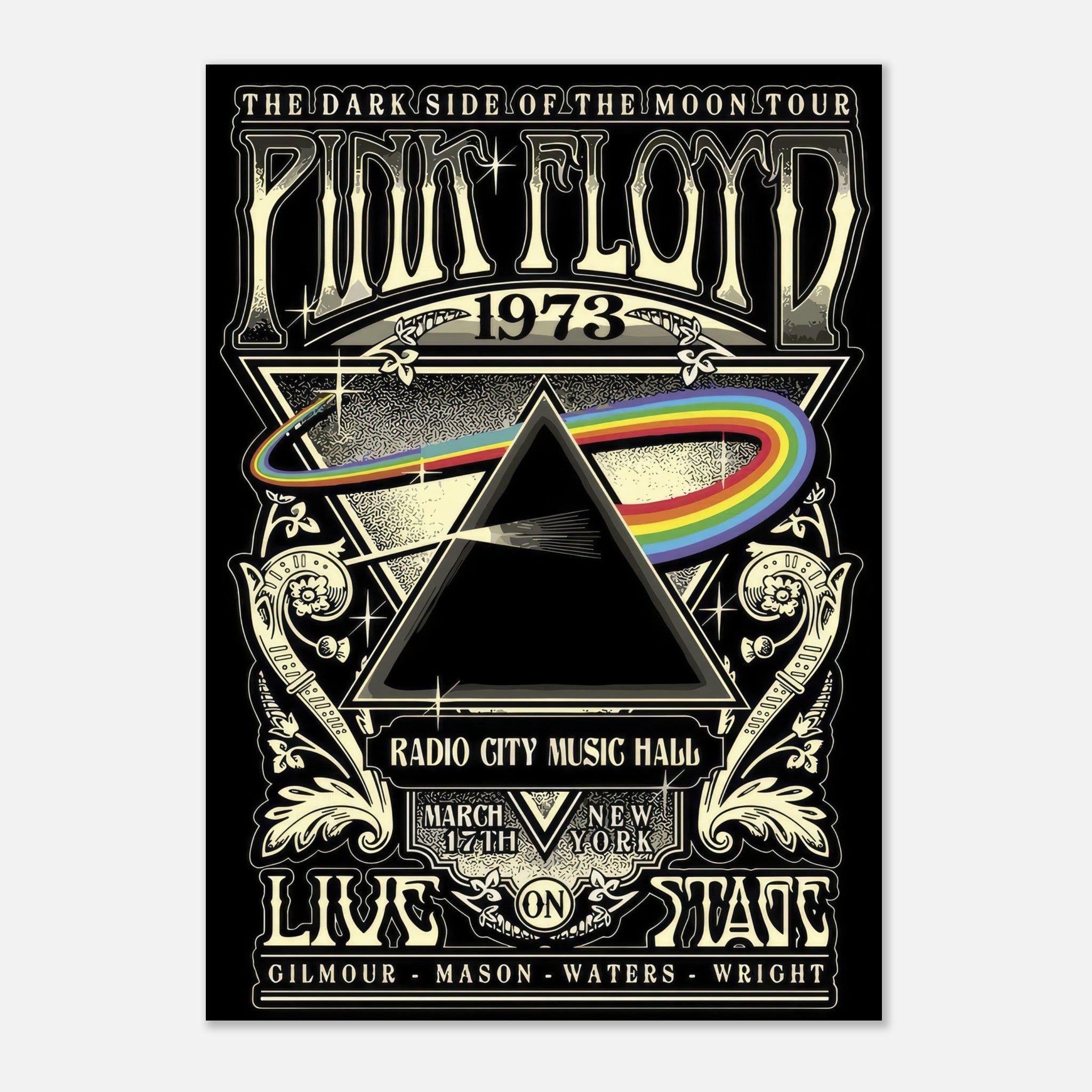 Pink Floyd 1973 concert poster featuring iconic prism design and rainbow beam for The Dark Side of the Moon tour.