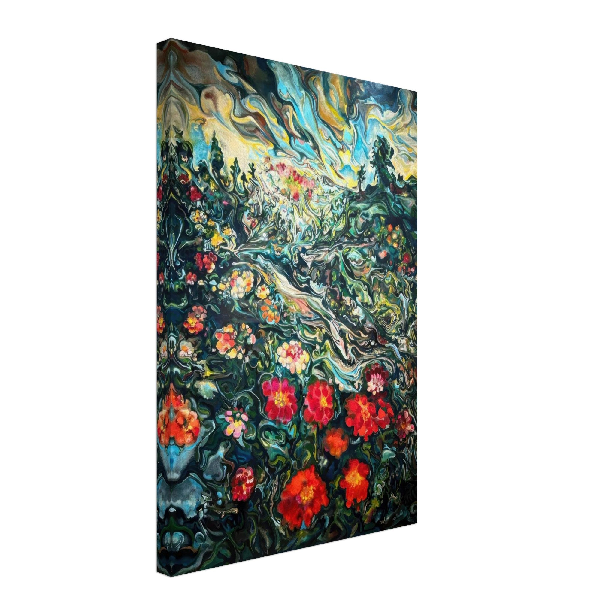 Vibrant abstract floral landscape painting canvas print with swirling colors and intricate details.