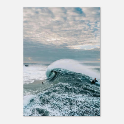 Big Wave Surfing Poster featuring a surfer riding a massive wave, showcasing ocean energy and adventure.