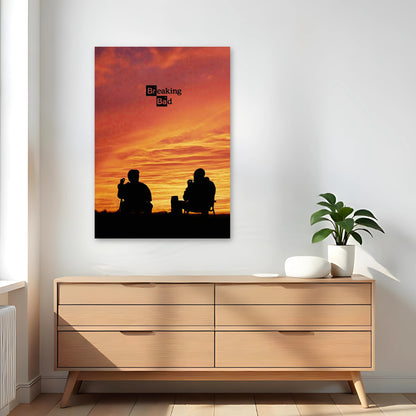 Breaking Bad poster featuring two silhouettes against a vibrant sunset, perfect for fans of the iconic TV series.