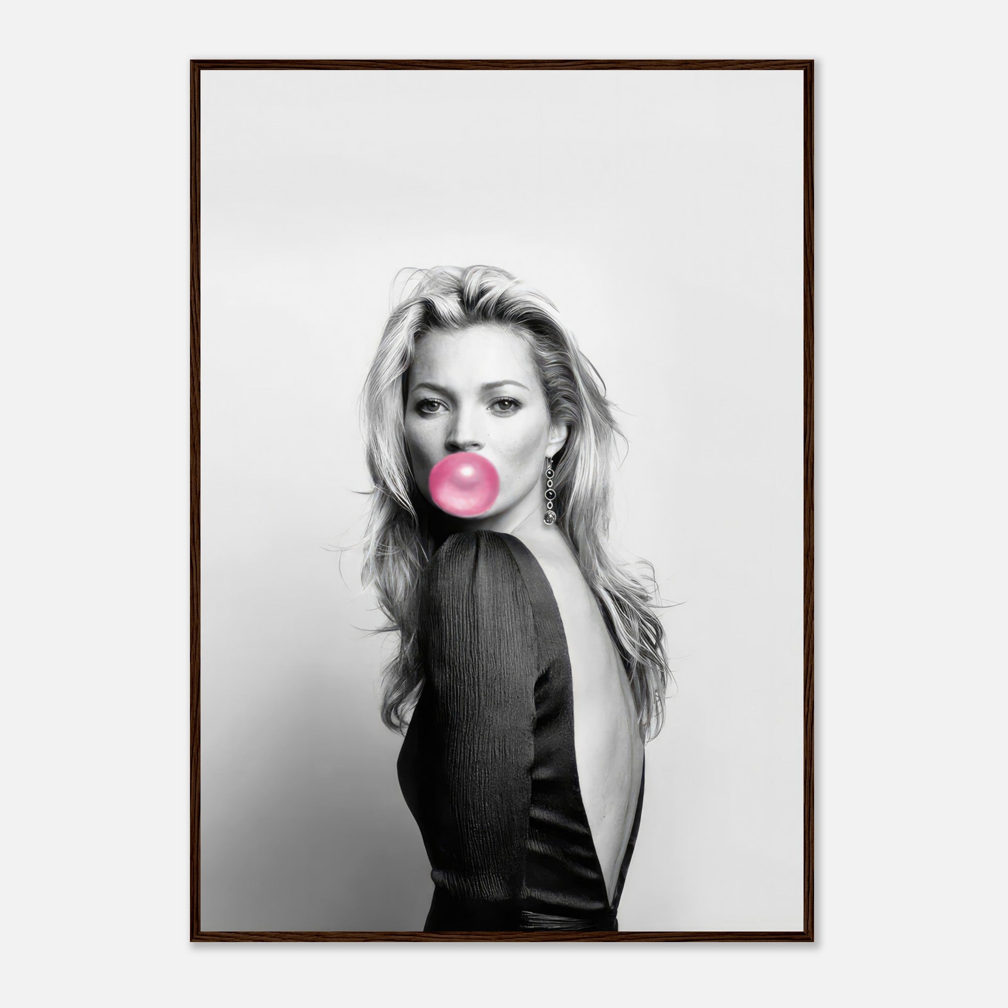 Kate Moss Bubble Gum framed print featuring a black-and-white portrait with a vibrant pink bubblegum accent.