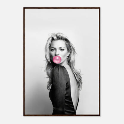 Kate Moss Bubble Gum framed print featuring a black-and-white portrait with a vibrant pink bubblegum accent.