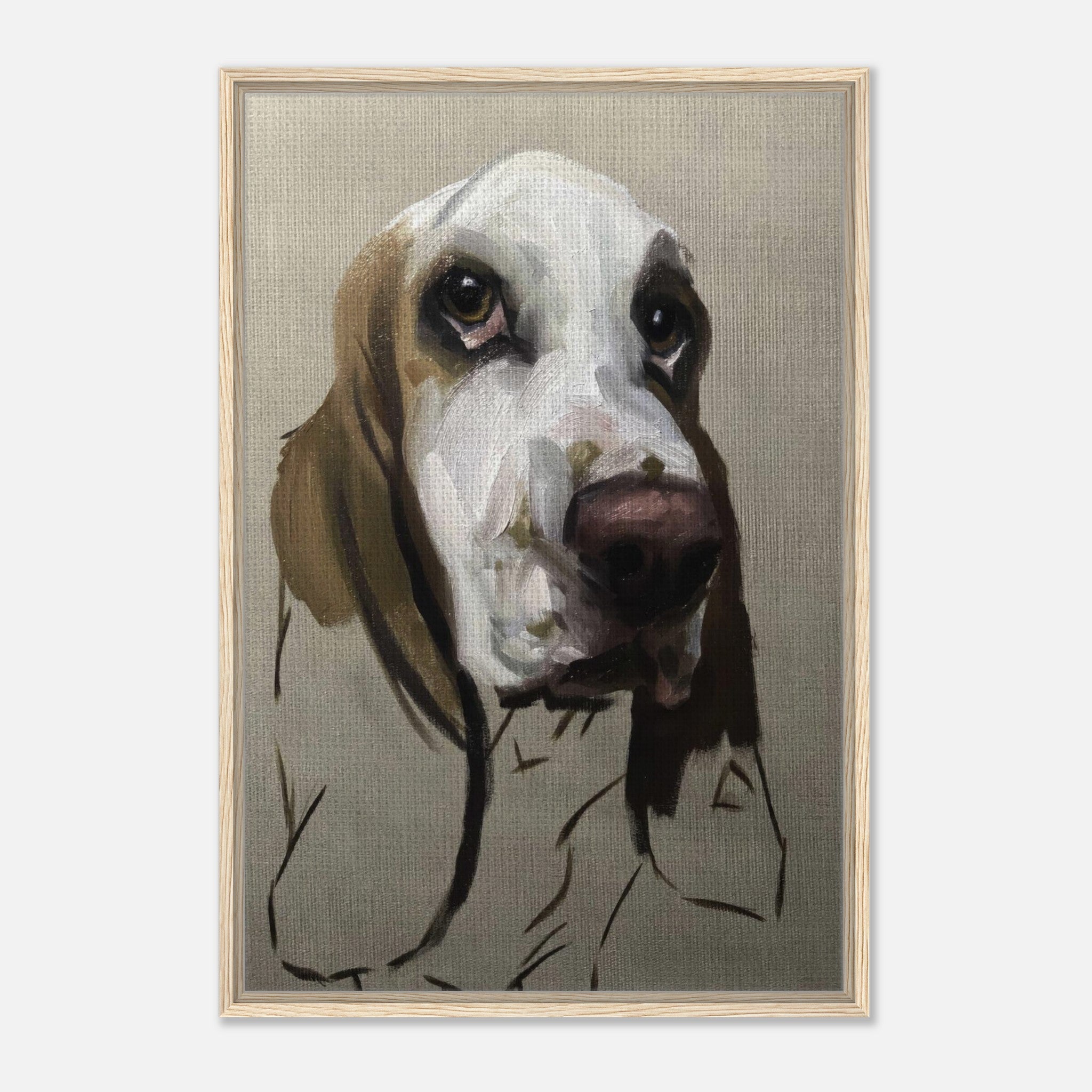 Basset Hound Dog Painting Framed Canvas Print showcasing expressive portrait with soulful eyes and droopy ears.