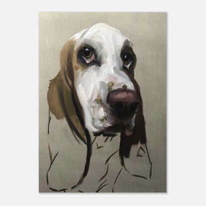Basset Hound dog painting poster featuring expressive eyes and droopy ears in warm colors.