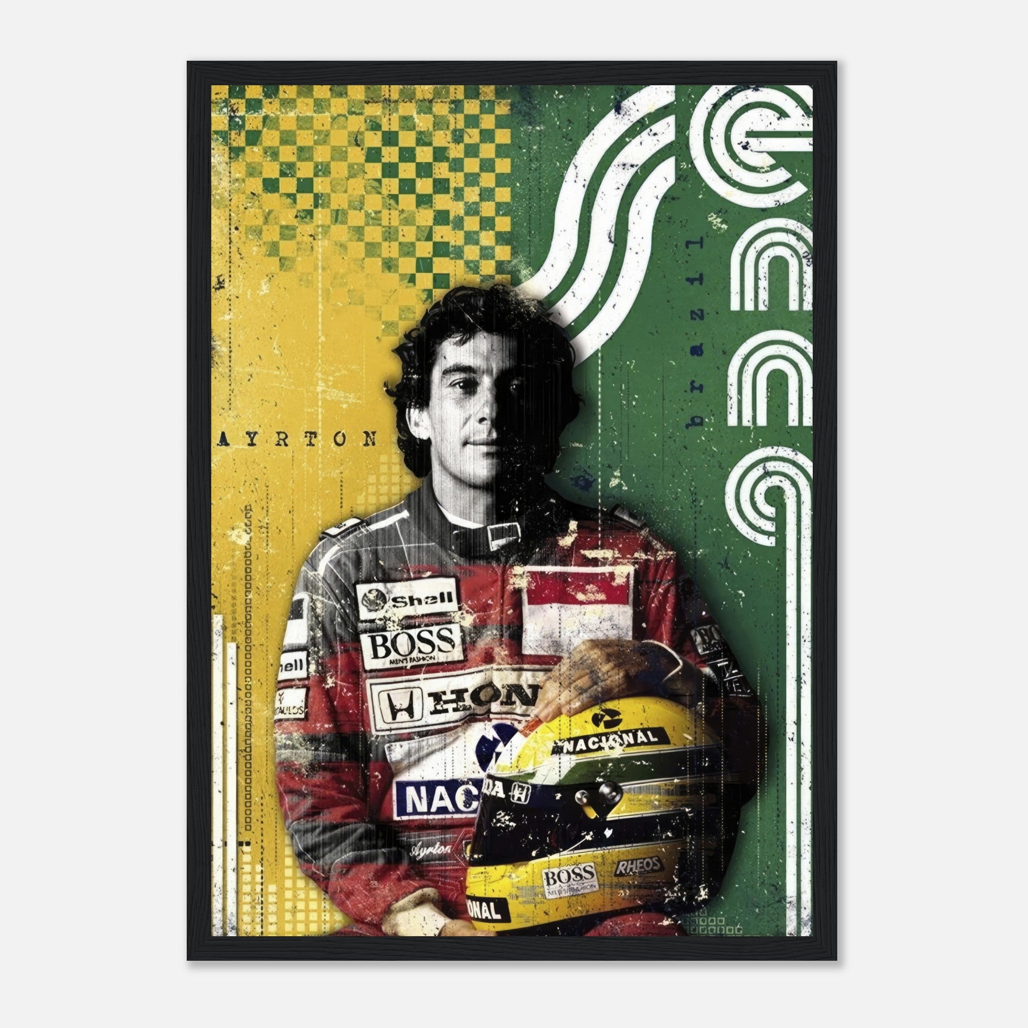 Ayrton Senna F1 legend framed print featuring vibrant colors inspired by the Brazilian flag and iconic racing suit.