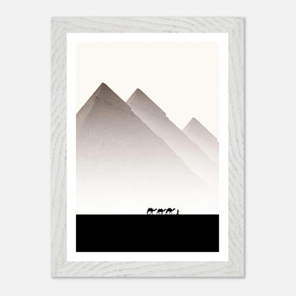 Framed art of Pyramids of Giza with camels, showcasing minimalist travel photography and ancient Egypt's grandeur.