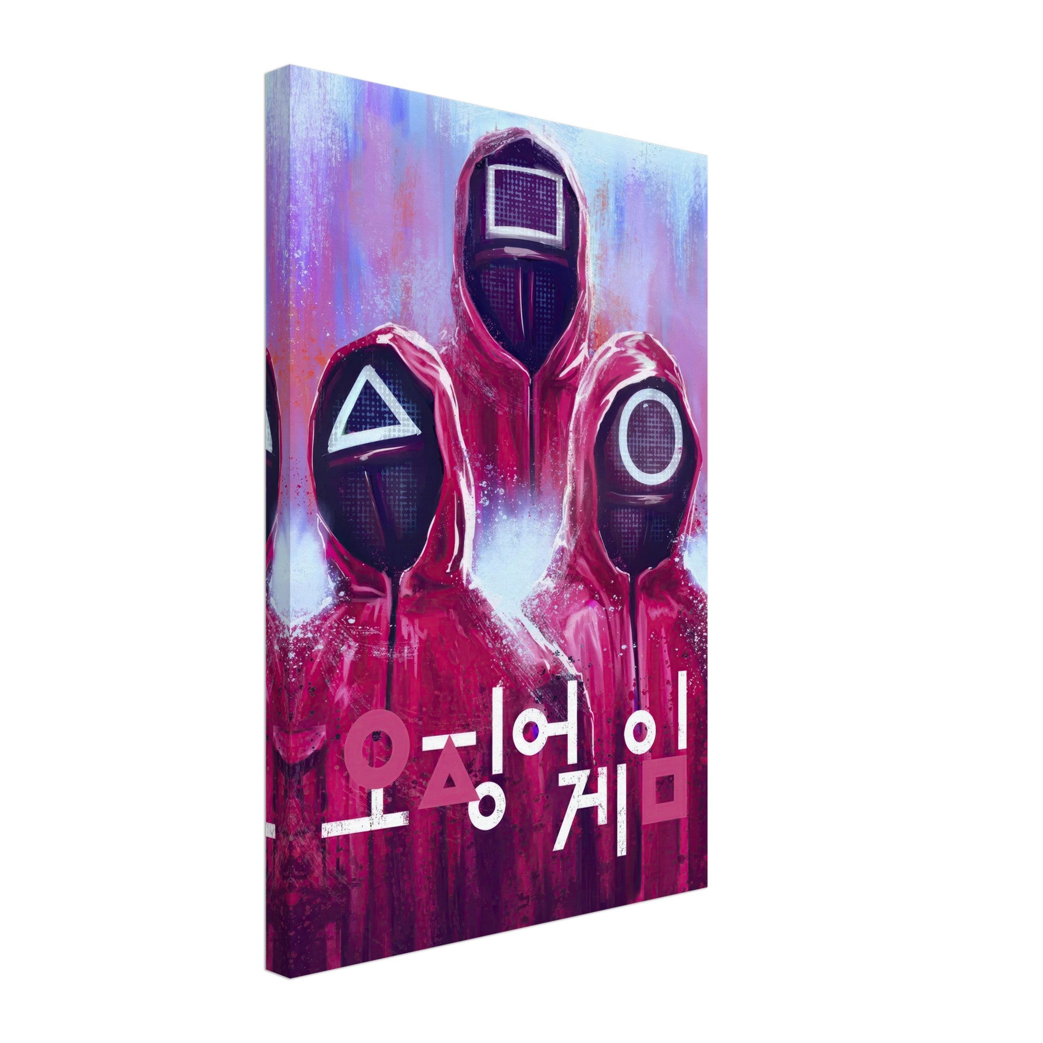 Squid Game canvas print featuring iconic masked characters in vibrant red and purple, with Korean text for added drama.