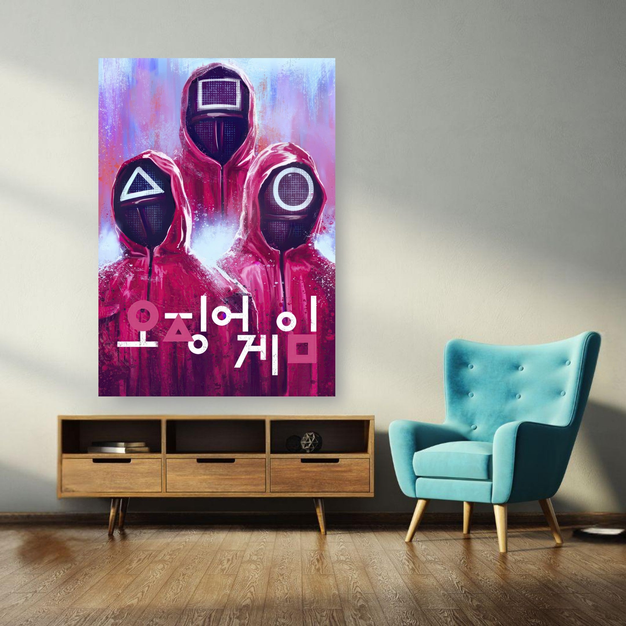 Squid Game metal poster featuring masked guards in red uniforms and Korean text, displayed in a modern living room.