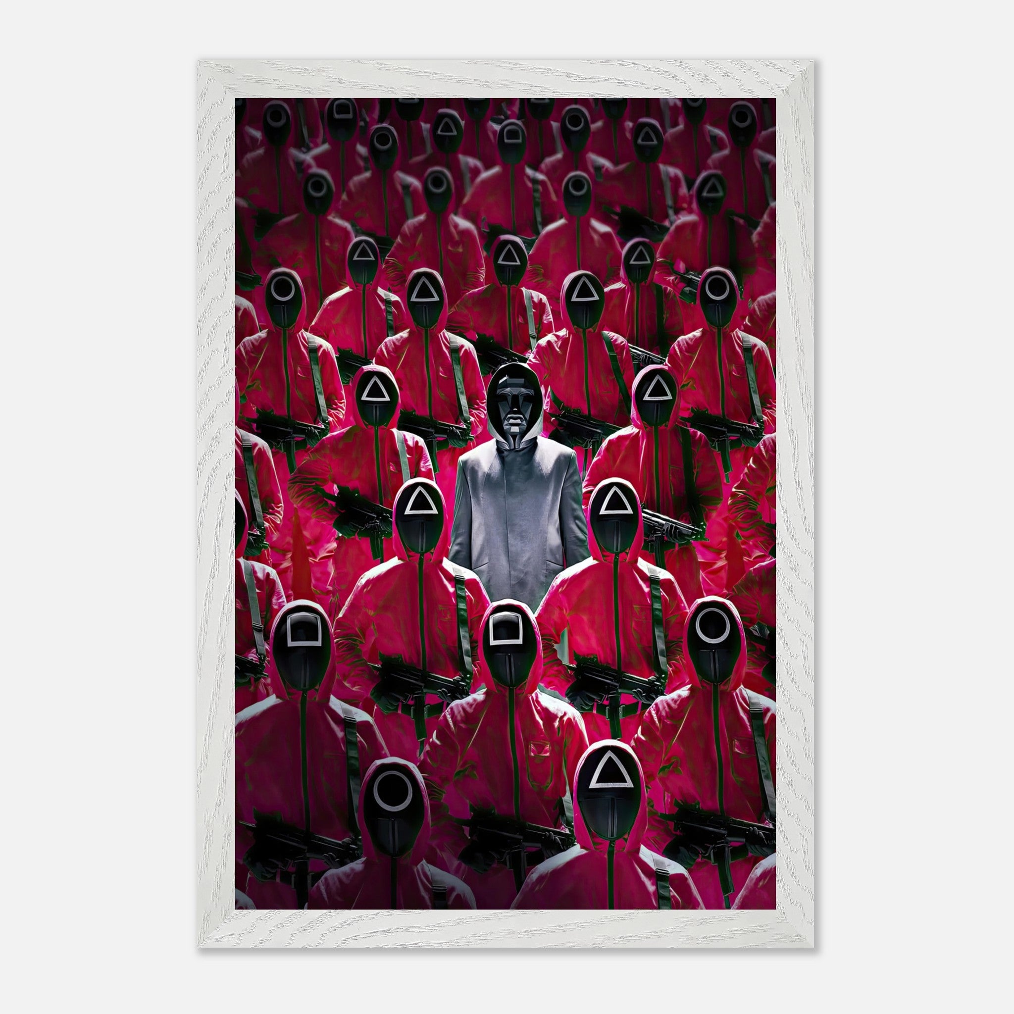 Squid Game Guards fine art print featuring iconic pink uniforms and the Front Man in a striking design.