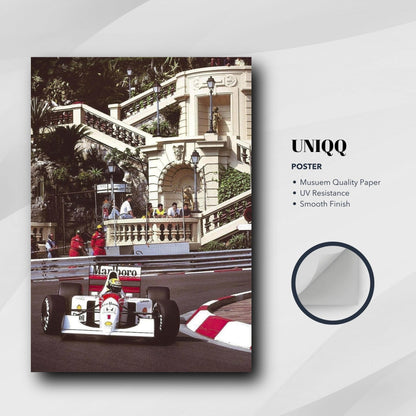 Ayrton Senna Monaco poster showcasing F1 legend in vibrant colors on premium-quality paper, perfect for motorsport fans.