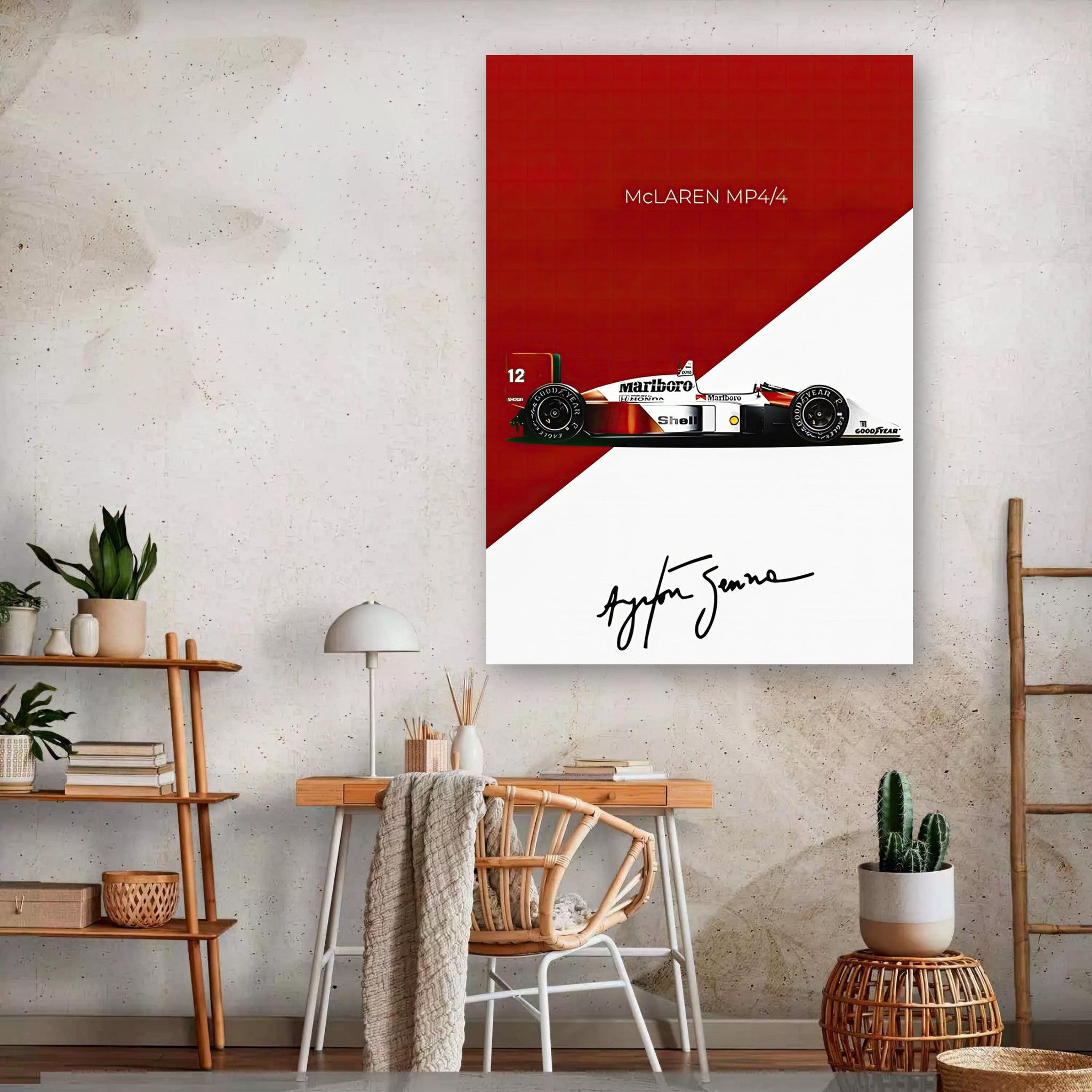 Ayrton Senna McLaren MP4/4 metal print in a modern interior setting with signature and red-white design.