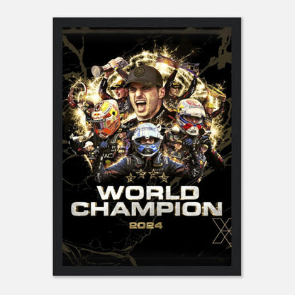 Max Verstappen 2024 F1 World Champion framed print featuring iconic moments and vibrant colors celebrating his victory.