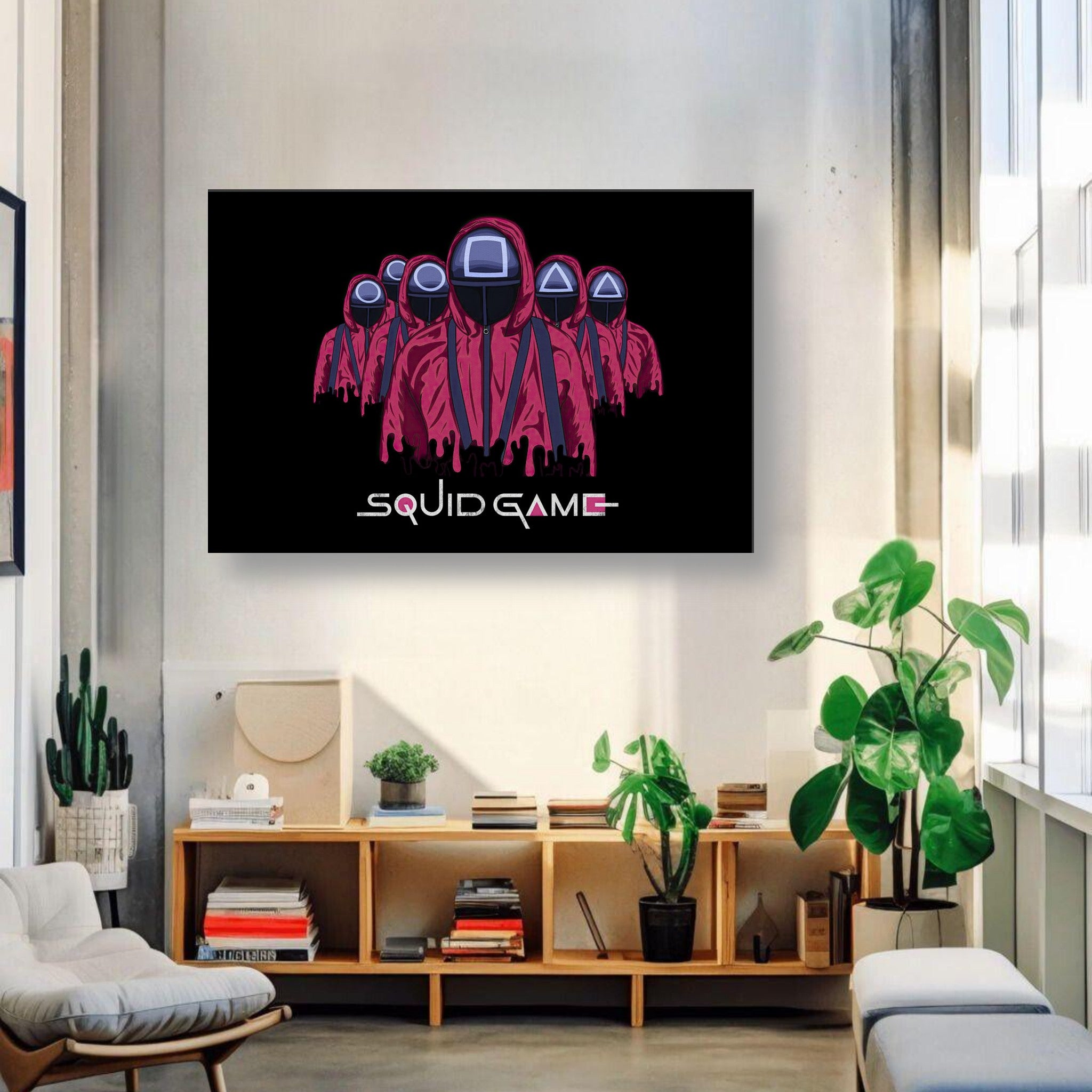 Squid Game Soldiers canvas artwork featuring masked guards in red uniforms against a black background.