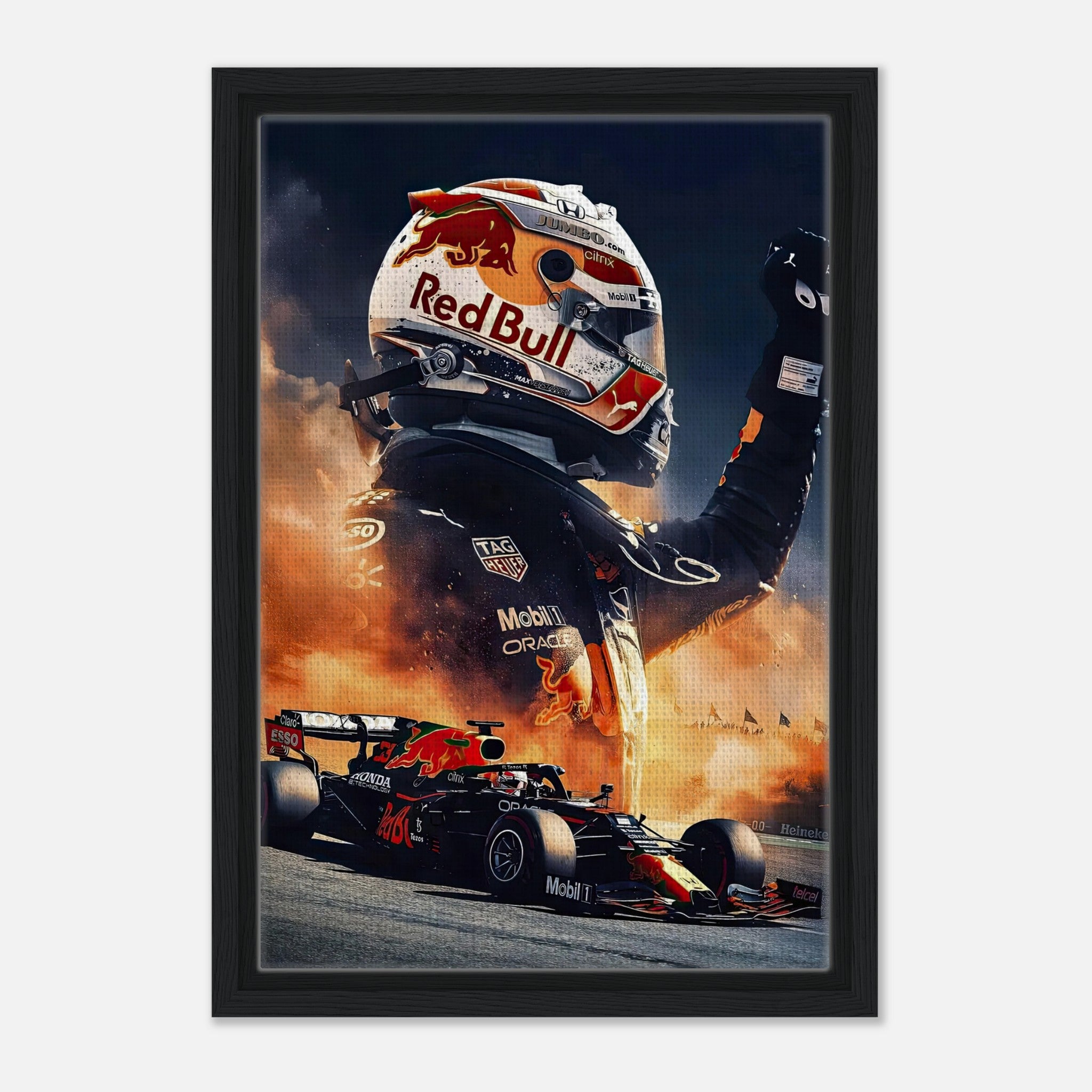 Max Verstappen Red Bull framed canvas print showcasing vibrant racing action and iconic design in a polished finish.