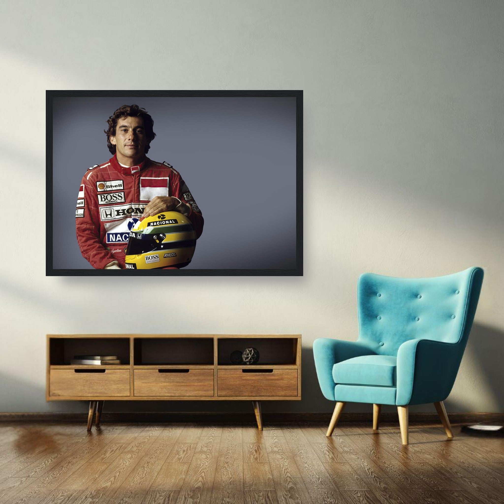 Ayrton Senna framed print in living room decor, showcasing motorsport excellence and rich details.