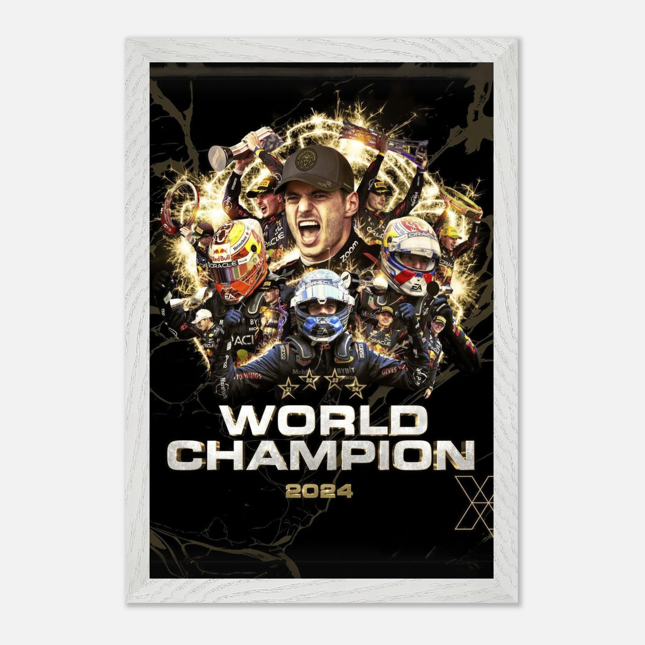 Max Verstappen 2024 World Champion fine art print featuring vibrant design and triumphant imagery.