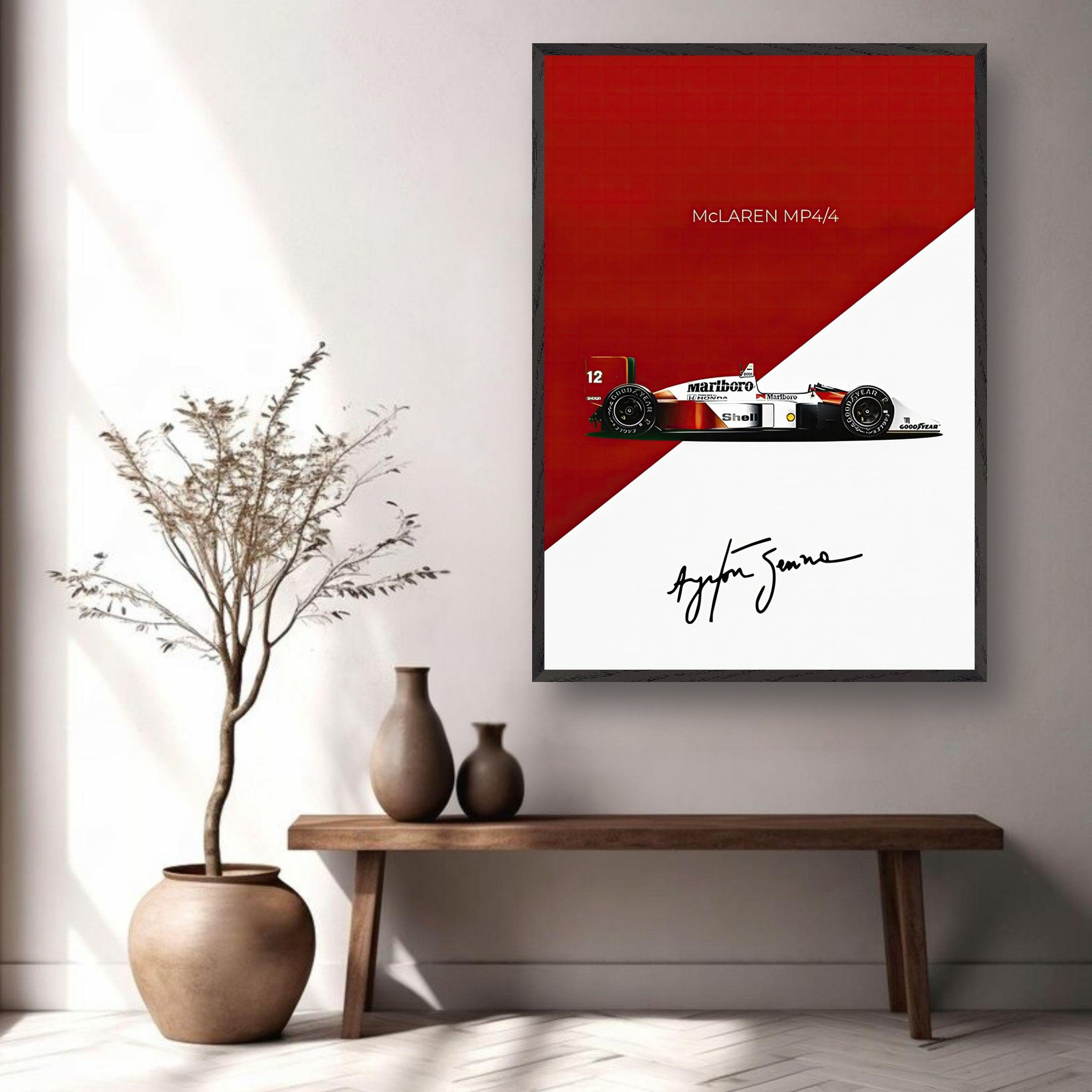 Vintage framed print of Ayrton Senna's McLaren MP4/4 racing car on a stylish wall display.