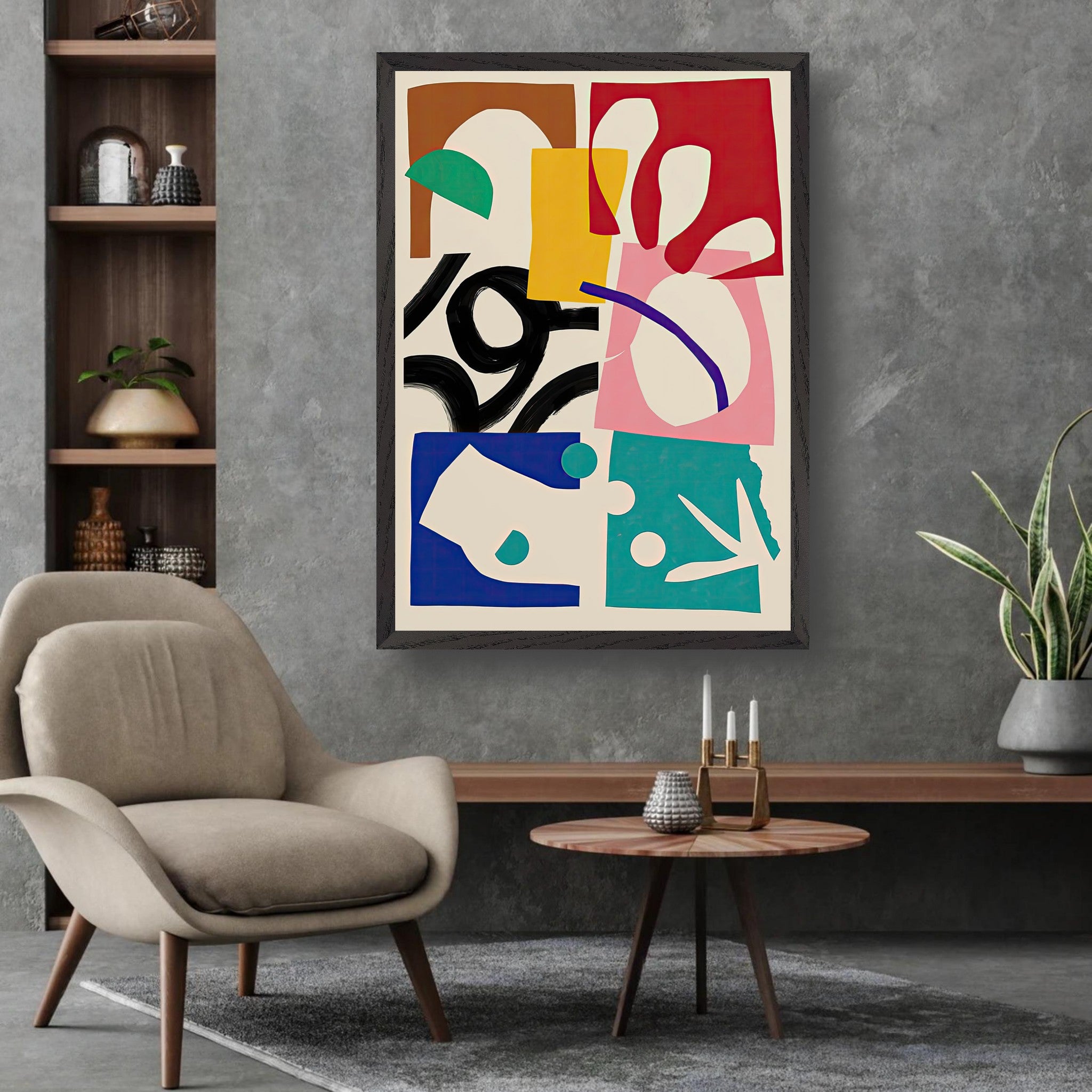 Museum-quality abstract artwork featuring bold colors and organic shapes in a modern interior setting.