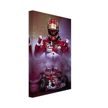 Michael Schumacher canvas artwork featuring the seven-time F1 champion in iconic Ferrari racing gear celebrating victory.